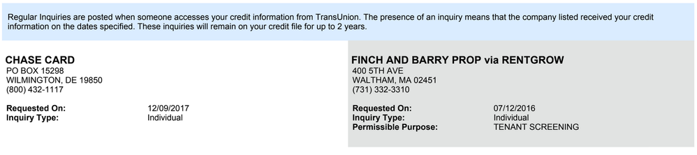 Hard inquiries listed in TransUnion credit report
