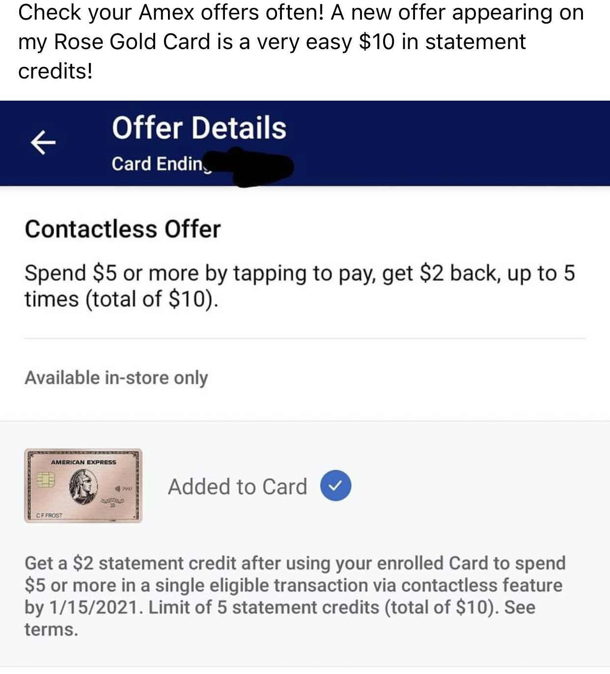 AMEX Platinum Tap to Pay offer myFICO® Forums 6174064