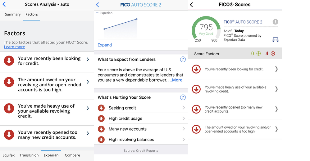 Left: MF Reports. Center: MF Scores. Right: Experian. All: Reasons for my EX AU2 score today.