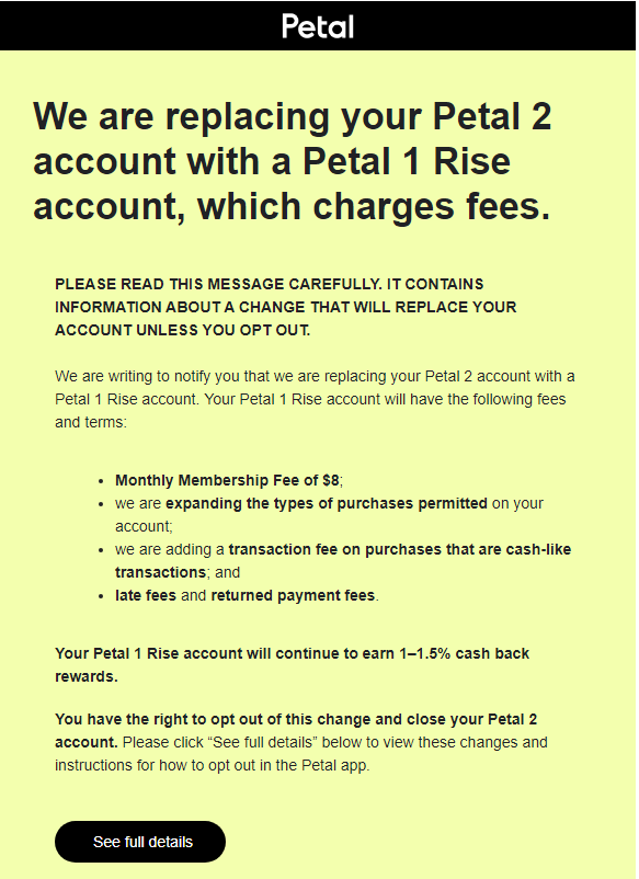 Petal Card Email Notice Sent to Petal 2 Card Customers