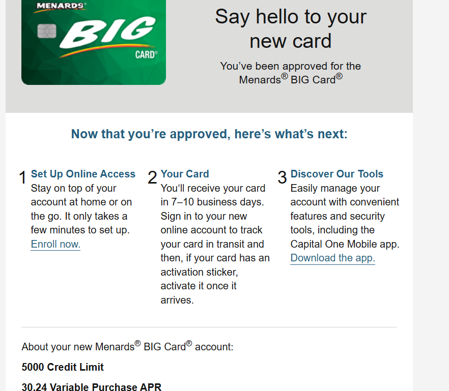 Menards Big Card Capital One Approval 5000 Starti... myFICO® Forums